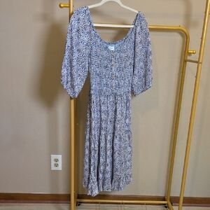 Japna Blue and White Floral Smocked Midi Dress with Puff Sleeves